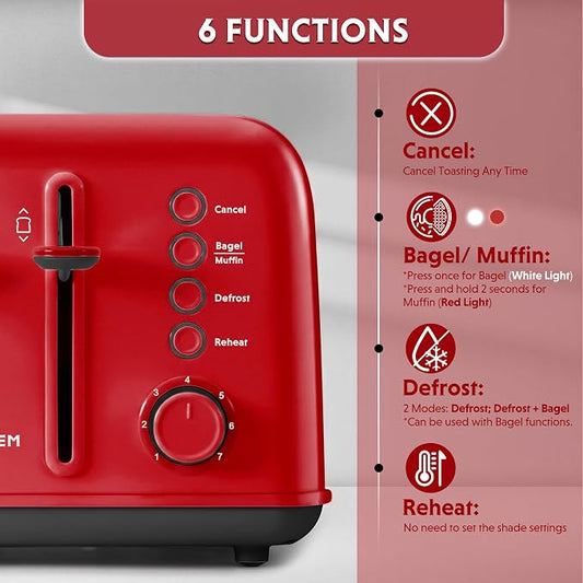 BUYDEEM DT640 4-Slice Toaster, 7 Shade Settings, Extra Wide 1.5’’ Slots for Bagel & English Muffin, 6 Toasting Functions, Retro Stainless Steel Toaster with High Lift Lever, 1800W, Red
