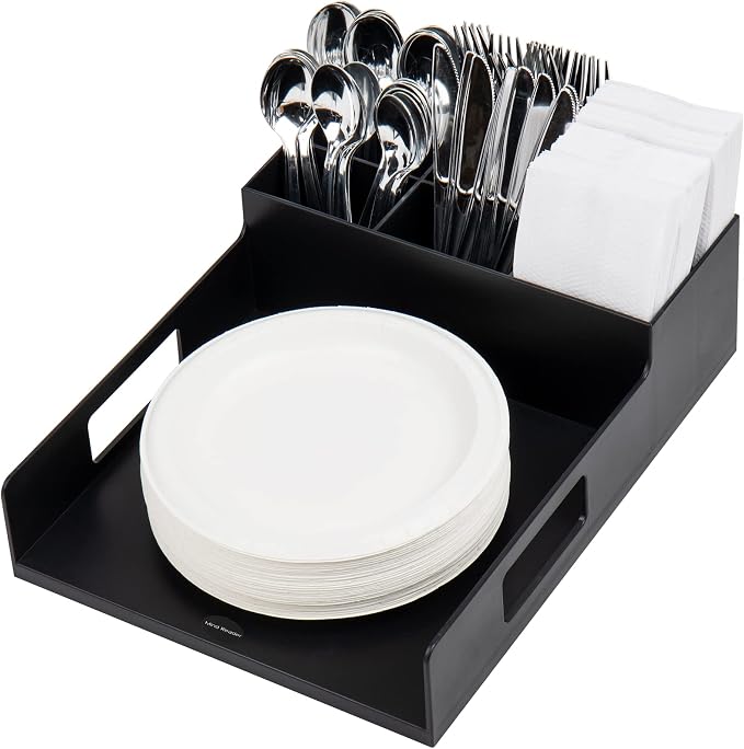 Mind Reader Utensil Napkin and Plate Organizer Tray, Countertop Caddy with 7 Compartments, Holds Plates up to 10.5 Inches, Breakroom and Buffet Organizer, Plastic, Black