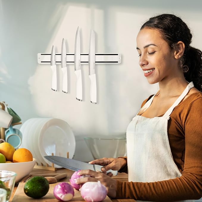 6-Piece White Knife Set with Magnetic Strip for Wall, Ultra Sharp Magnetic Knives Set for Kitchen, Dishwasher Safe Small Knife Set for Meat Vegetable Cutting