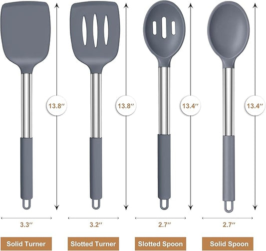 LIANYU Silicone Cooking Utensil Set, 4Pcs Heat Resistant Kitchen Utensils Set, Non-stick Stainless Steel Handle Spatula Tools, Dishwasher Safe, Grey