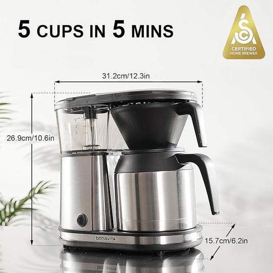 Bonavita 5 Cup Drip Coffee Maker Machine, One-Touch Pour Over, Auto Pause Brewing with Stainless Steel Double Wall Thermal Carafe, SCA Certified, Dishwasher Safe, BV1500TS
