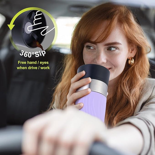 Travel Coffee Mug with 360°Lid, Travel Coffee Tumbler 16 oz Leak Proof, Stainless Steel Insulated Travel Mugs for Hot and Cold Spill Proof Leak Proof(Light Purple)