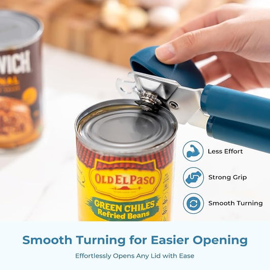 OOU Can Opener, Manual Stainless Steel Can Opener with Premium Zinc Alloy Construction, Large Turning Knob, Magnetic Lid Lifter and Ergonomic TPE Non-Slip Grip Handles, Blue
