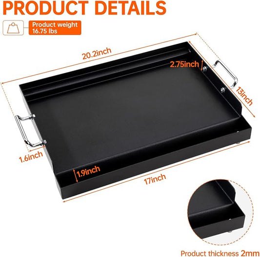 LotFun 17" x 13" Carbon Steel Cooking Griddle for Outdoor Gas Grill, Universal Griddle Flat Top Plate Insert with Grease Groove and Removable Handles for Electric/Charcoal/Gas Grill, Camping,Party
