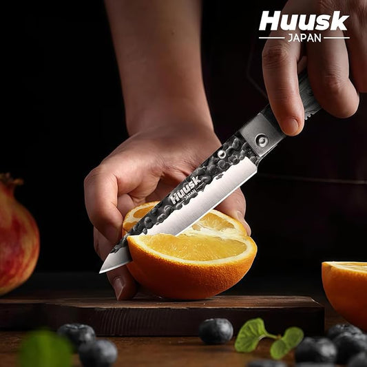 Huusk Japanese Folding Fruit Knife - Pocket Paring Knife with Ultra Sharp Blade - Hand Forged Kitchen Knives for BBQ, Camping and Travel - Gift for Men and Women
