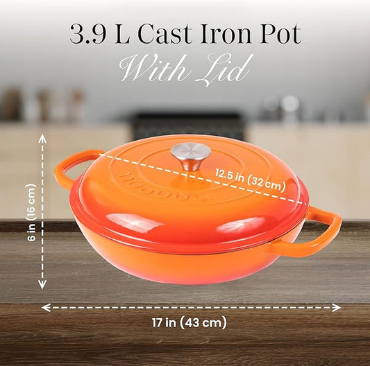 Shallow Cast Iron Casserole with Lid – Non Stick Dutch Oven Pot, Oven Safe up to 500° F – Sturdy Ovenproof Stockpot Cookware – Enamelled Cooking Pot – Orange, 5-Quart, 32cm – by Nuovva