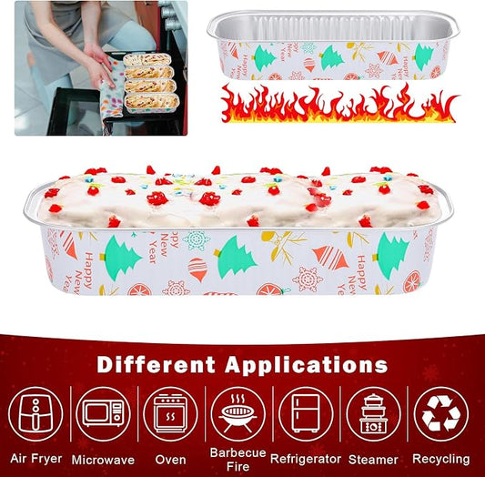 50Pack Christmas Mini Cake Pans Disposable Mini Loaf Pans with Lids and Spoons, 6.8Oz Aluminum Foil Pans Tins, Individual Dessert Cups Containers for Sales,Party,Picnics