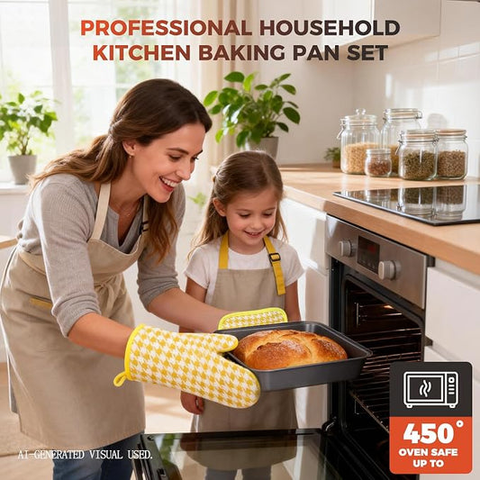 3-Piece Baking Pans Set Non-stick Stackable Bakeware Sets Non Toxic Baking Sheet Set for Cooking,Include Cookie Sheet,Muffin pan,Bread Loaf Pan For Oven,Carbon Steel,with Baking Glove,Black