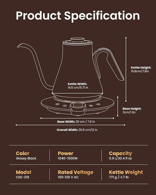 INTASTING Gooseneck Electric Kettle, ±1℉ Temperature Control, Stainless Steel Inner, Quick Heating, for Pour Over Coffee, Brew Tea, Boil Hot Water, 1500W/0.9L (Glossy Black)