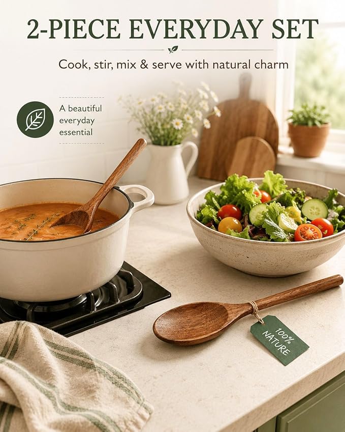 Wooden Cooking Spoons, 2-Piece Acacia Wood Kitchen Utensil Set, 12-Inch Large Mixing Spoons for Nonstick Cookware, Comfort Grip, Durable Natural Wood Spoons