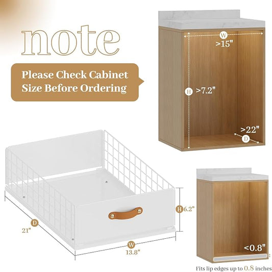 Pull Out Cabinet Organizer, No-Drill Pantry Drawers, Slide Out Shelves with Bamboo Risers for Lipped Cabinets,Ideal for Kitchen, Bathroom & Under Sink Storage (White, 13.8" Wide-21 Deep)
