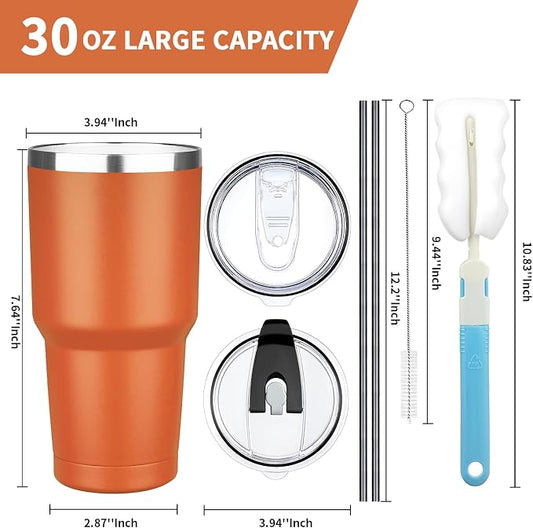 30 oz Tumbler with Lids and Straws, Stainless Steel Insulated Coffee Tumbler, Double Wall Vacuum Insulated Travel Mug Cup, Leakproof Thermal Coffee Cup for Hot and Cold Drinks (Orange)