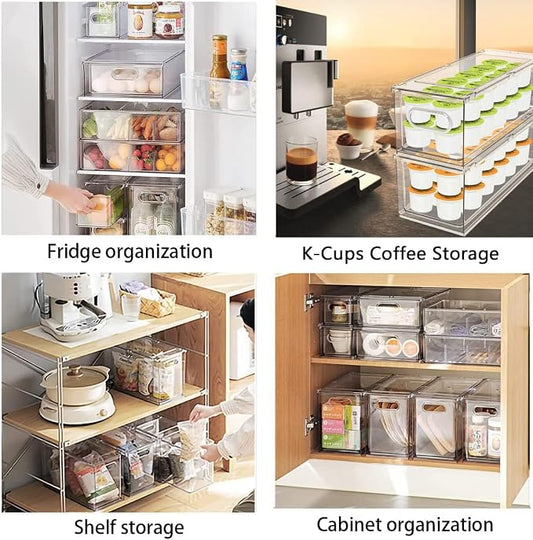 MANO Fridge Drawer Pull Out Stackable Bins with Handle Clear Refrigerator Drawers Organizer Food Storage Container Box with Dividers Plastic Produce Saver for Pantry, Cabinet, Kitchen, Clothes(4Pack)