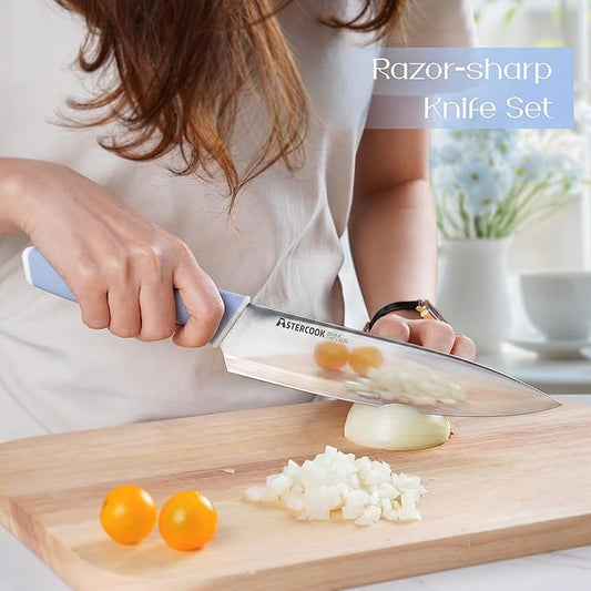 Astercook Kitchen Knife Set with Block and Sharpener 15 Piece German High Carbon Stainless Steel Knives Sharp Blade Dishwasher Safe Deba Knives with Ergonomic Handle, Delicate Blue