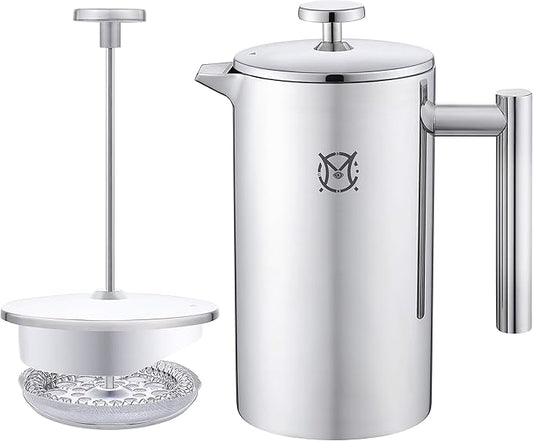 French Press Coffee Maker – Single Serve 1 Cup Small Stainless Steel Thermal Double Walled French Press 350ML/12OZ