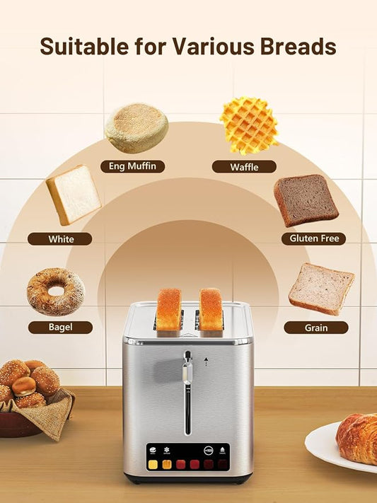KEENSTAR Touch Screen 2-Slice Toaster with 6 Browning Levels, Bagel, Defrost & Timer, Wide 1.5" Slots, Removable Crumb Tray, 900W Stainless Steel Smart Toaster for Bagels, Breads & Waffles