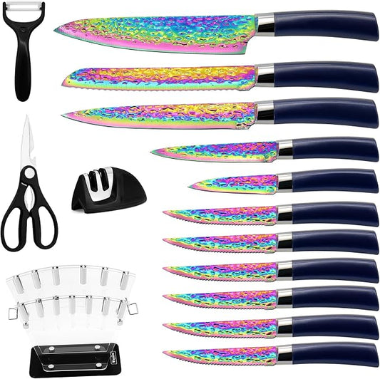 15pcs Blue Kitchen Knife Set, Rainbow Titanium Knife Block Set, High Carbon Stainless Steel Knives Set for Kitchen, Professional Chef Knife Sets for Kitchen with Sharpener Acrylic Block, Best Gift