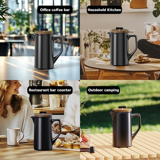 Ceramic French Press Coffee Maker, 22oz Single Serve Coffee Press with Walnut Wood Lid, Lead-Free, Food Grade Stainless Steel Filter with Dual Screen for Coffee and Loose Tea, Black