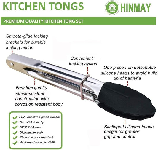 HINMAY Mini Tongs with Silicone Tips 7-Inch Kitchen Tongs, Set of 3 (Black)