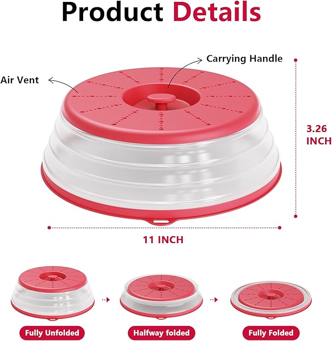 WVM Microwave Splatter Cover Vented for Food with Hook Hole, Splatter Guard & Colander Kitchen Gadget for Food, Meal Prep, Red, M(11"x3.26")-Pack of 1
