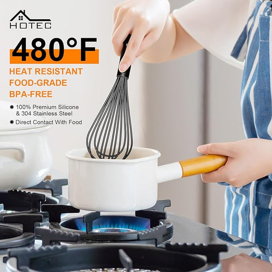 HOTEC 4 Pieces Silicone Whisks Set, Wire Balloon Whisks for cooking Egg Beater, Non-slip Handle Whisk for Non-stick Cookware Perfect for Cooking, Stirring, Beating and Blending,Black