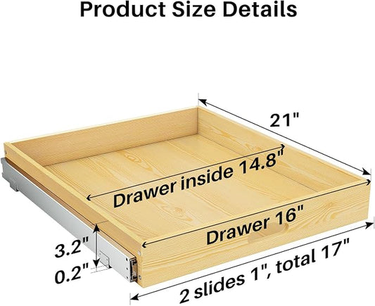 Pull Out Cabinet Organizer, Soft Close Wooden Slide Out Drawers for Pots and Pans, Full-extension Roll Out Shelves for Kitchen Cabinets, Pantry Organization, Bottom & Side Mount(17"W X 21"D x 3.4''H)
