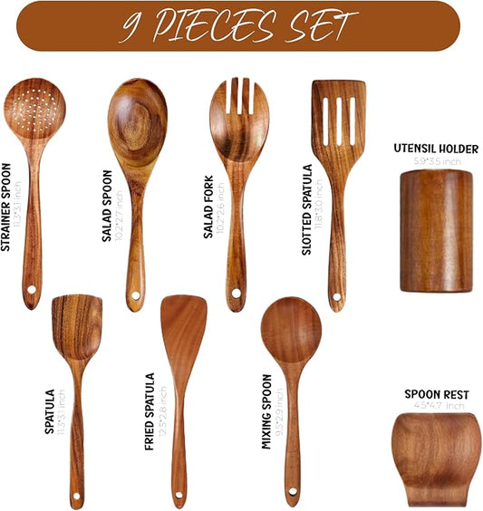 9 Pieces wooden utensil set premium cooking spoons wood cooking utensils teak wooden utensils set wood cooking utensils (9 Pieces Set)