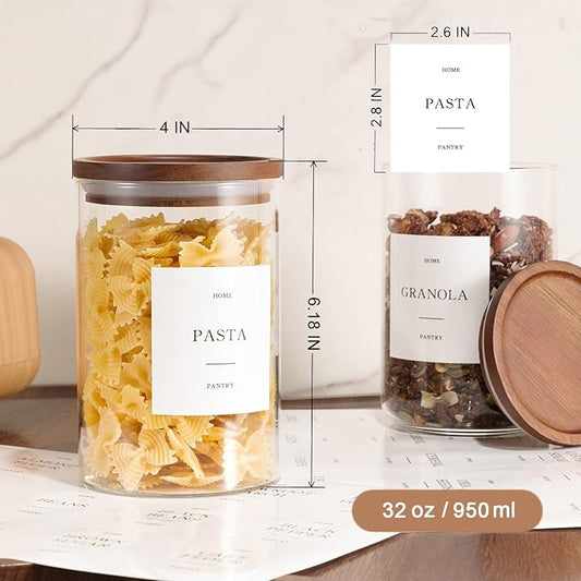 Set of 6 Glass Pantry Jars with Acacia Wood Lids, 32oz Airtight Pantry Storage Containers with 105 Labels, Glass Kitchen Canisters for Coffee, Tea, Sugar, Pasta
