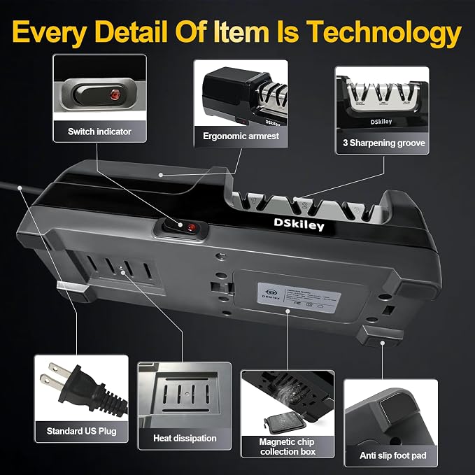 Electric Knife Sharpener for Kitchen – Professional 3-Stage 100% Diamond System with 20° Precision Angle, Fast Sharpening to Restore & Polish Chef Knives(Black)