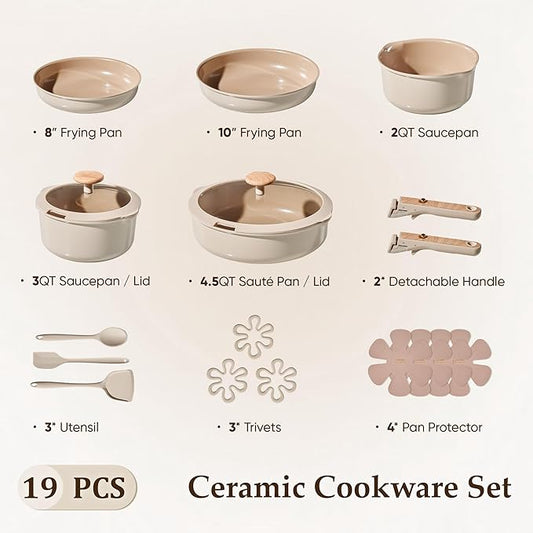 CAROTE Ceramic Pots and Pans Set, Cookware Set Detachable Handle, 19 Pcs Induction Kitchen Cookware Sets Non Stick with Removable Handle, RV Cookware Set, Oven Safe, Elegant White, Mothers Day Gifts