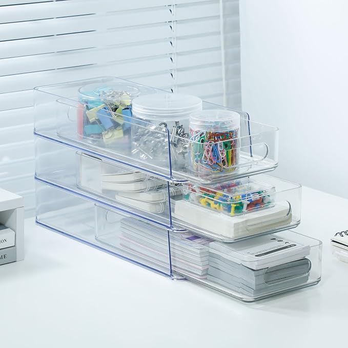 3 Tier Desk Drawer for Corner, Plastic Storage Organizer for Coffee Station, Under Sink, Bathroom Countertop and Kitchen Cabinet, Clear Stackable Pull Out Container, Short