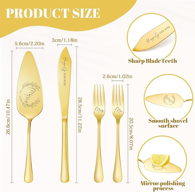 Wedding Cake Knife and Server Set, 4 Pack Stainless Steel Cake Cutting Knife, Slicer and Forks Server for Wedding, Anniversary, Birthday, Baby Shower(Gold 2026)