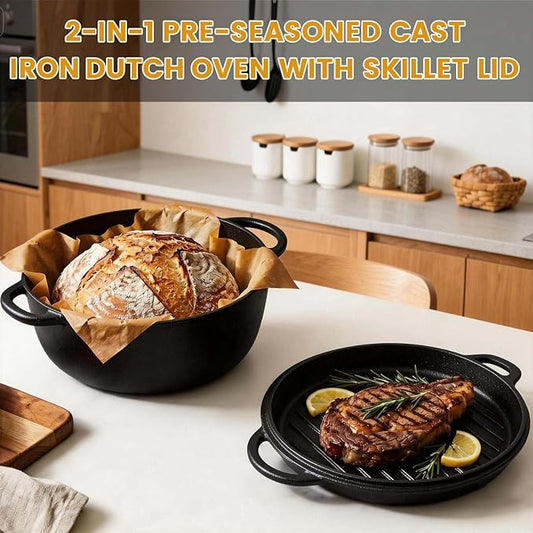 Cast Iron Dutch Oven With Skillet Lid - JINCHUFURI, 2-in-1 Pre-Seasoned Heavy Duty Cookware Set for Bread Baking, Frying, Camping, BBQ, Oven, Grill & Stovetop, 3.5QT