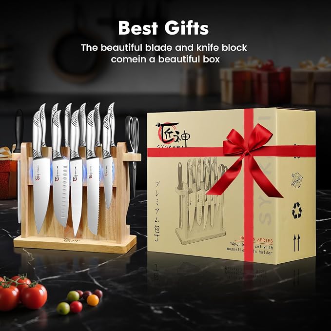 SYOKAMI Japanese Knives Set for Kitchen, Magnetic Knife Set with Block and Sharpener, Stainless Steel Knife Set as Gift for Couple, Wedding, Women or Mom with Gift Box, 14 PCS Black Dot