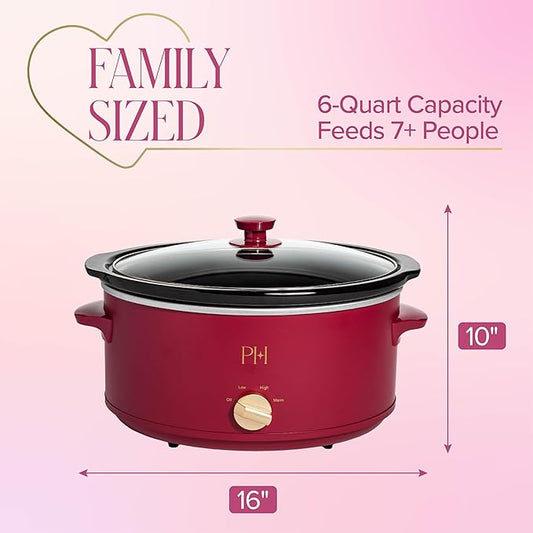 Paris Hilton 6-Quart Manual Slow Cooker, Naturally Nonstick Stoneware Ceramic Insert, Three Settings (Low, High, Warm), Dishwasher Safe Family Size Slow Cooker, Berry