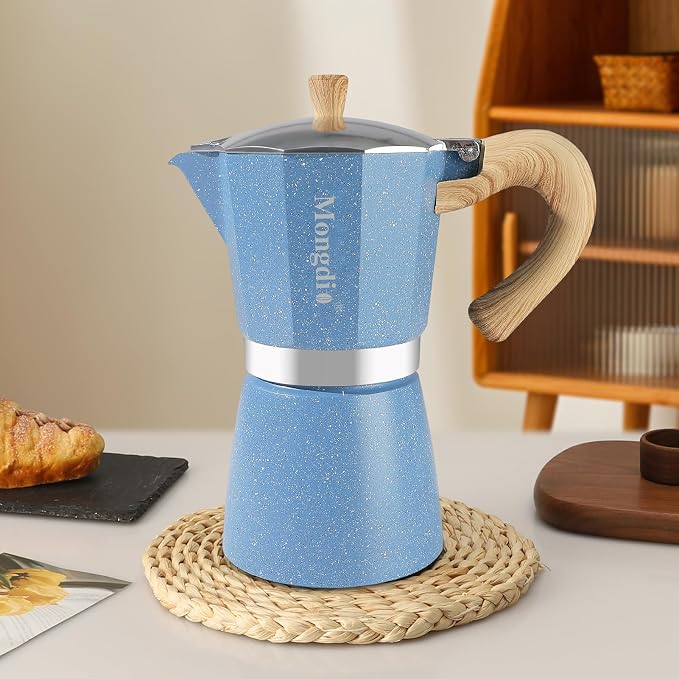 Mongdio Stovetop Espresso Maker Moka Pot, Cuban Coffee Maker Stove top coffee maker Moka Italian Espresso Greca Coffee Maker Brewer Percolator, 9 Espresso Cups, 15 oz - Blue