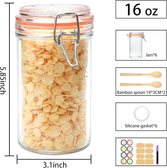 Flrolove 16 oz Glass Jars with Airtight Lid, Set of 6 Mason Jars 16 oz, Glass Storage Jars, Airtight Glass Jars, Canning Jar,Glass Canister with Seal for Pickle, Vanilla, Cookie, Jelly