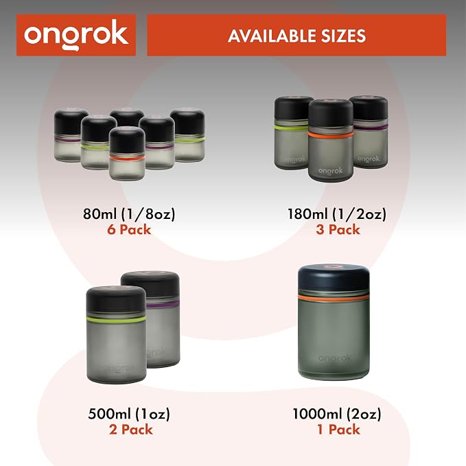 ONGROK Glass Storage Jar, 80ml, 6 Pack | UV Herb/Spice Jar with Child‑Resistant Lid, Color‑Coded Glass Containers to Preserve Smell and Aroma