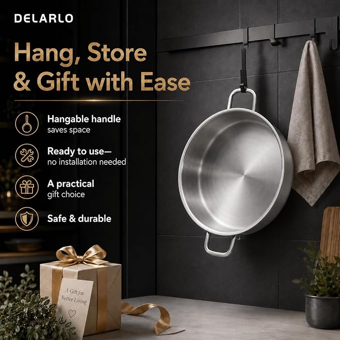 DELARLO Stainless Steel Pans,6QT Saute Pan,12 inch Everyday Pan with Lid,Dishwasher-Friendly Braiser,Stay-Cool Handles,Oven-Safe Up to 660℉