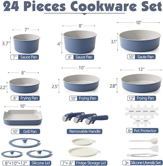 SENSARTE 24 Piece Ceramic Pots and Pans Set, Nonstick Detachable Handle Cookware, Induction Kitchen Cookware Set with Removable Handle, Healthy Non Stick for RV, Dishwasher&Oven Safe, PFOA Free (Navy)