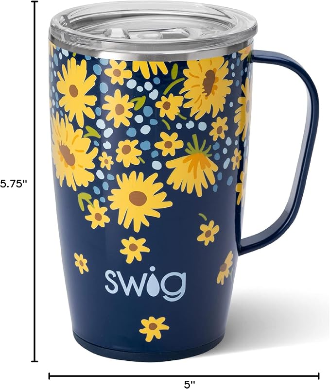 Swig Life 18oz Travel Mug, Insulated Tumbler with Handle and Lid, Cup Holder Friendly, Dishwasher Safe, Stainless Steel, Travel Coffee Cup (Lazy Daisy)