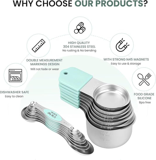 Magnetic Measuring Cups and Spoons Set-Heavy Duty 304 Stainless Steel,Double Measurement Markings,Set of 16 with Leveler for Measure Dry and Liquid Ingredients (Mint)