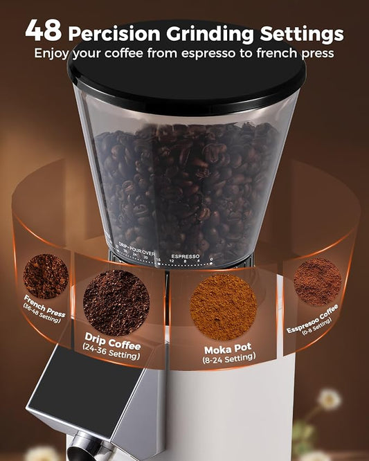 Tuni G1 Ivory Conical Burr Coffee Grinder with Black Digital Coffee Scale, 48 Grind Settings Anti-static Coffee Bean Espresso Grinder for Espresso/Drip/Cold Brew/French Press
