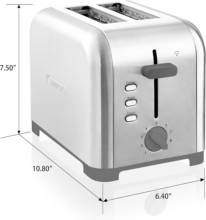 Kenmore 2-Slice Toaster, Stainless Steel, Extra Wide Slots, Bagel and Defrost Functions, 9 Browning Levels, Removable Crumb Tray, for Bread, Toast, English Muffin, Toaster Strudel