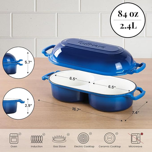 Cast Iron Bread Pan with Lid, Mini Enamel Sourdough Baking Dutch Oven Pot, Double Round Loaf Space for Homemade, Bread, Cake, Meatloaf, 16.5cm Diameter, 500ยฐF Oven Safe, Non Stick, Blue
