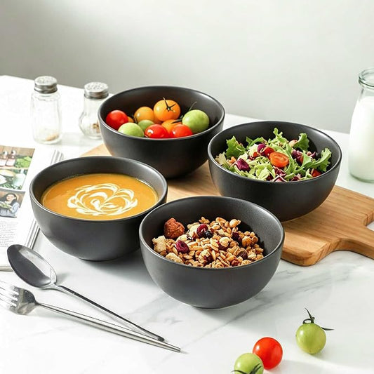 Cereal Bowls, 24 oz Soup Bowls Set of 4, Ceramic Bowls Set for Salad, Fruit, Breakfast, Dessert, Stoneware Bowls for Kitchen, Dishwasher & Microwave Safe, Matte Black