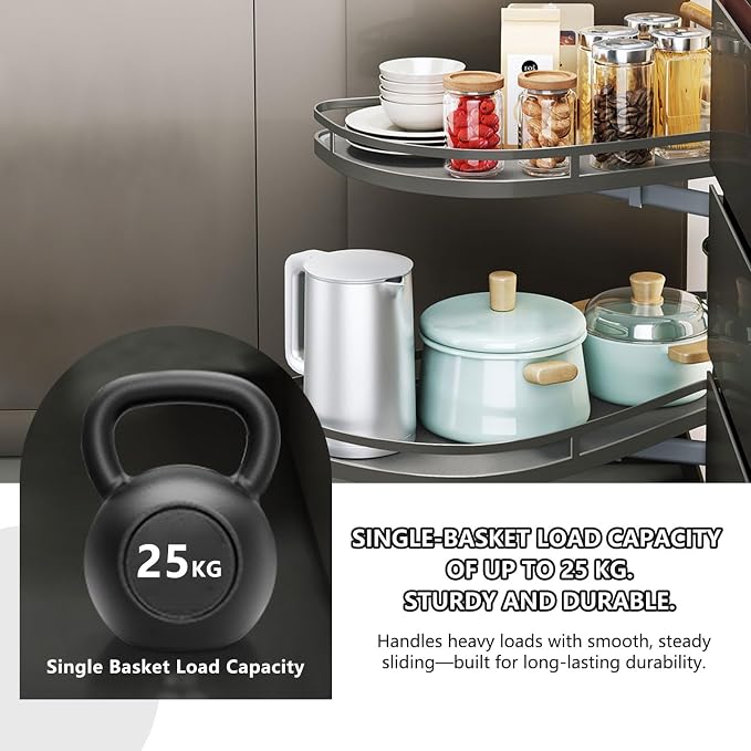 Blind Corner Cabinet Organizer Pull Out, 2 Tier Magic Corner Pull Out Shelves for Kitchen Storage, Soft Close Adjustable Height Organizer, Heavy Duty Metal Rack for Pots, Pans and Pantry Items