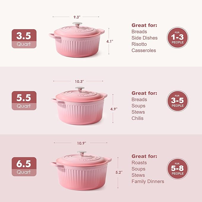 SENSARTE Enameled Cast Iron Dutch Oven Pot with Lid 3.5/5.5/6.5 Quart Heavy-Duty Round Dual Handles Kitchen Pot with Cotton Potholders & Silicone Trivet, Pot for Bread Baking, Stews, Braising, Roasting, Oven Safe, 3.5 Quart, Pink