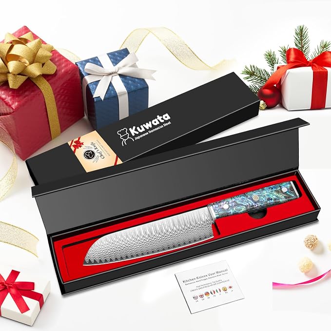 Damascus Santoku Knife, Japanese Knife 10Cr15MOV Blade with Hand Forged Hammer Pattern Chef Knife, Hand forged VG10 steel cooking knife, Ergonomic abalone shell G-10 handle with Gift Box