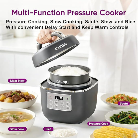 Carori 8-in-1 Electric Pressure Cooker, Compact 3 QT All-in-1 Multi-Cooker with Ceramic Pot, Saute, Slow Cook, Rice, Stew, Delay Start, Keep Warm & Safe Vent, Gray